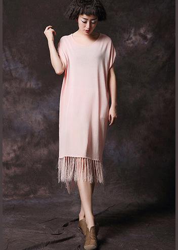 Simple pink tassel cotton Long Shirts o neck loose summer Dress - SooLinen