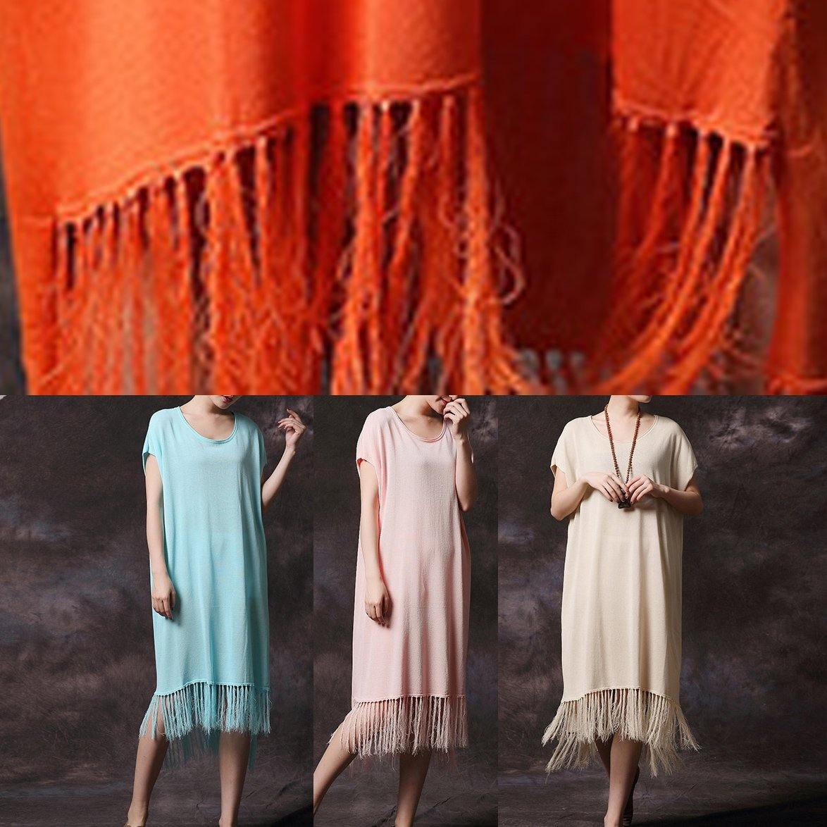 Simple pink tassel cotton Long Shirts o neck loose summer Dress - SooLinen