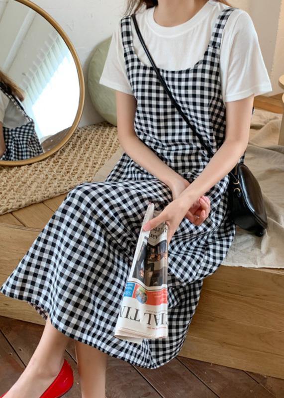 Simple plaid cotton clothes For Women Spaghetti Strap Maxi summer Dress - SooLinen