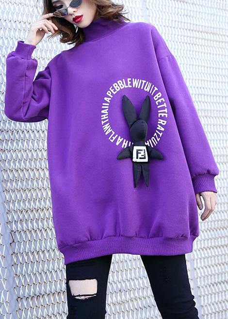 Simple purple cotton clothes For Women Cartoon animal decorated baggy prints tops - SooLinen