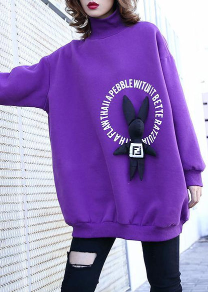 Simple purple cotton clothes For Women Cartoon animal decorated baggy prints tops - SooLinen