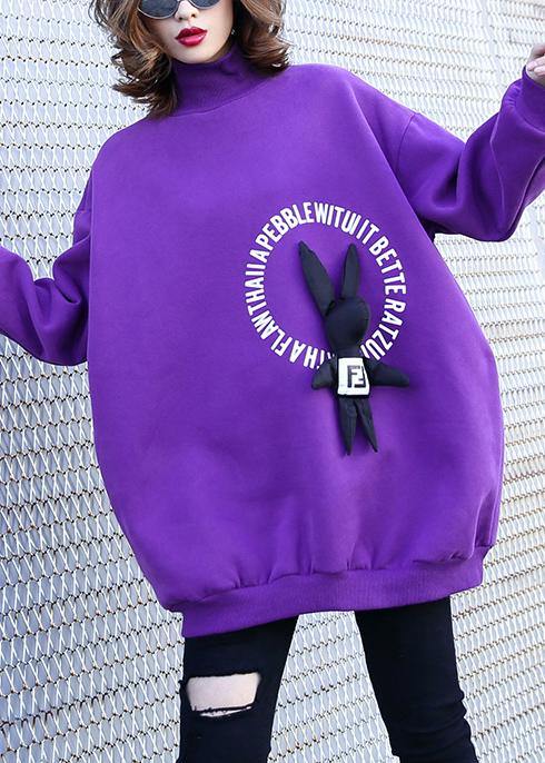 Simple purple cotton clothes For Women Cartoon animal decorated baggy prints tops - SooLinen