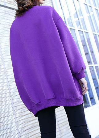 Simple purple cotton clothes For Women Cartoon animal decorated baggy prints tops - SooLinen