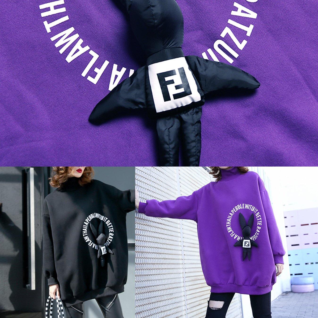 Simple purple cotton clothes For Women Cartoon animal decorated baggy prints tops - SooLinen