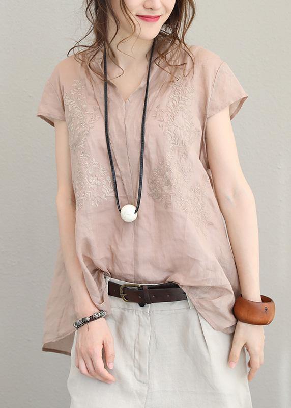 Simple purple khaki linen clothes stand collar short summer tops - SooLinen