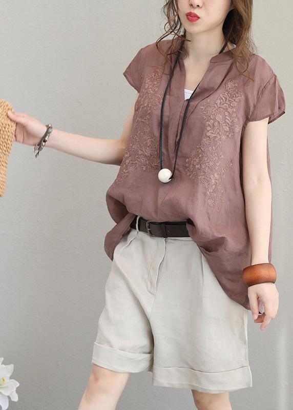Simple purple khaki linen clothes stand collar short summer tops - SooLinen