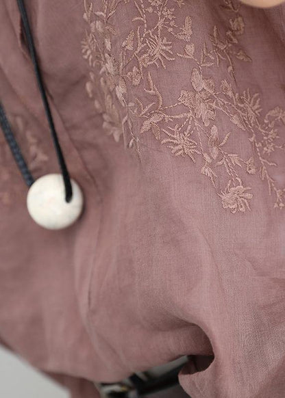 Simple purple khaki linen clothes stand collar short summer tops - SooLinen