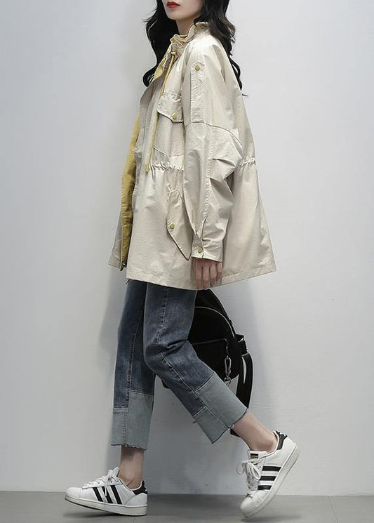Simple stand collar drawstring Fashion clothes khaki Midi coat - SooLinen