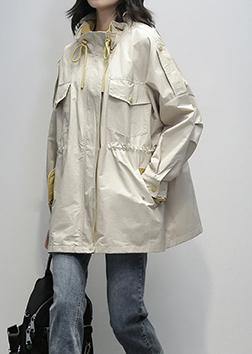 Simple stand collar drawstring Fashion clothes khaki Midi coat - SooLinen