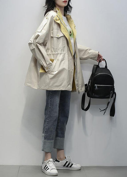 Simple stand collar drawstring Fashion clothes khaki Midi coat - SooLinen