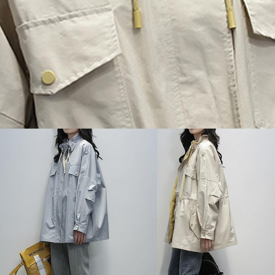 Simple stand collar drawstring Fashion clothes khaki Midi coat - SooLinen