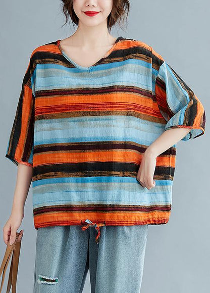 Simple striped linen cotton clothes Work drawstring summer shirt - SooLinen