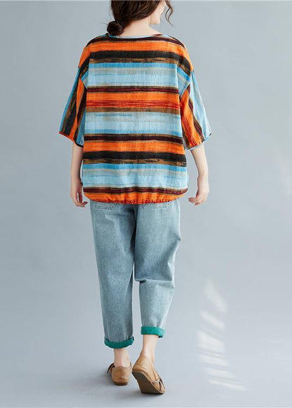 Simple striped linen cotton clothes Work drawstring summer shirt - SooLinen