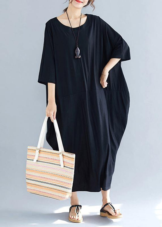 Simple summer Cotton dress o neck loose black Dresses - SooLinen