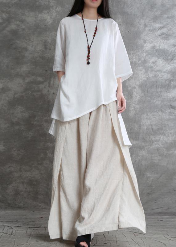 Simple two-piece female summer loose loose white shirt wide-leg pants - SooLinen