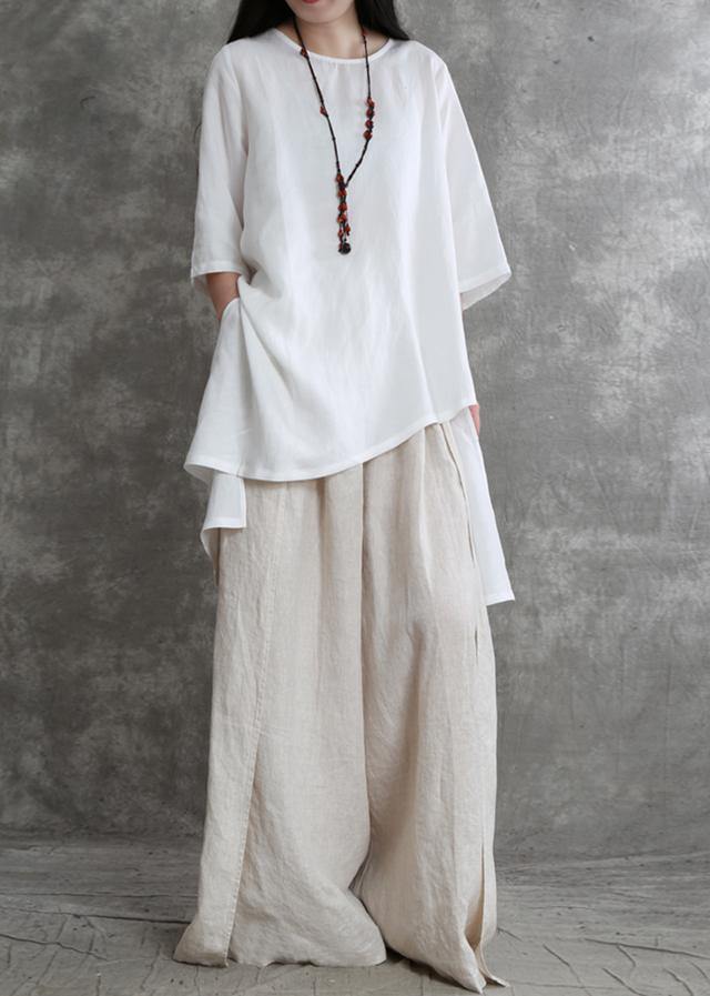 Simple two-piece female summer loose loose white shirt wide-leg pants - SooLinen