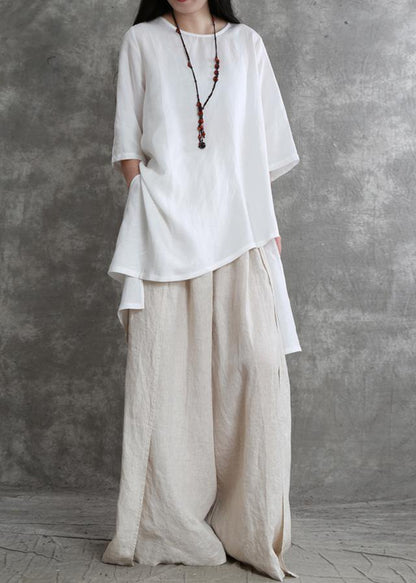 Simple two-piece female summer loose loose white shirt wide-leg pants - SooLinen