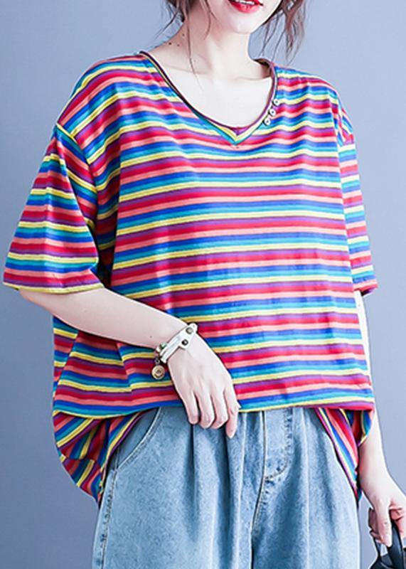 Simple v neck baggy shirts Wardrobes striped blouse - SooLinen