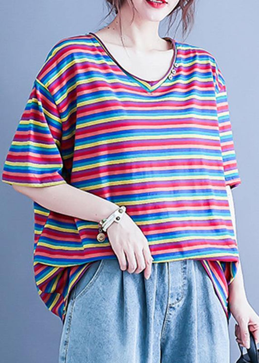 Simple v neck baggy shirts Wardrobes striped blouse - SooLinen