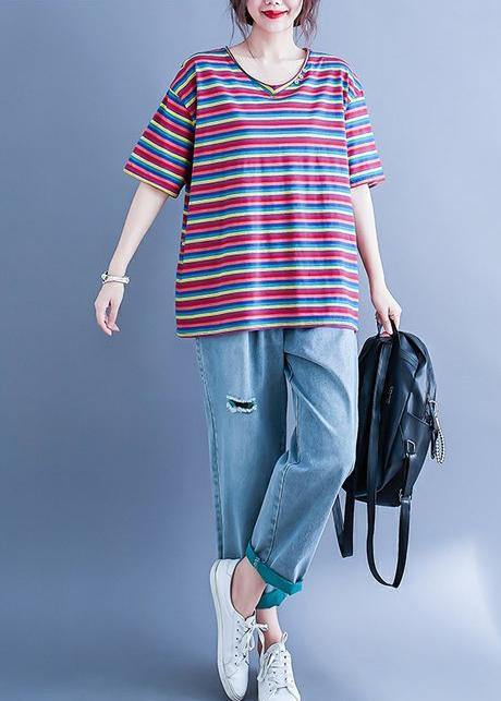 Simple v neck baggy shirts Wardrobes striped blouse - SooLinen