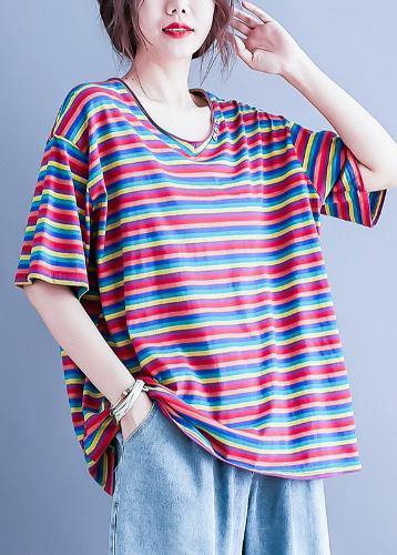 Simple v neck baggy shirts Wardrobes striped blouse - SooLinen