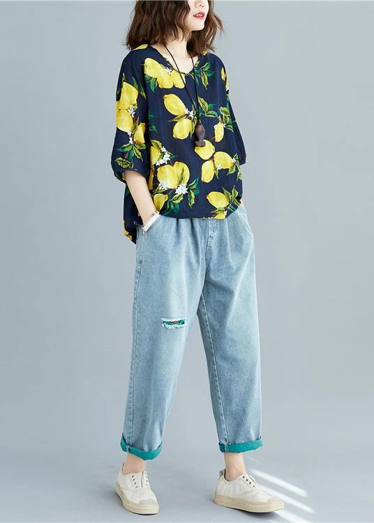 Simple v neck cotton linen summer linen tops women yellow prints Midi blouses - SooLinen