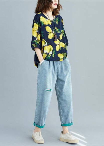 Simple v neck cotton linen summer linen tops women yellow prints Midi blouses - SooLinen