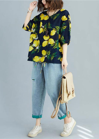 Simple v neck cotton linen summer linen tops women yellow prints Midi blouses - SooLinen