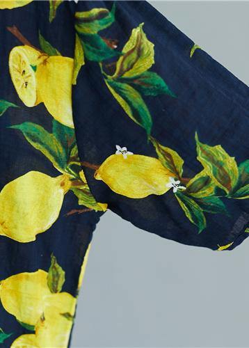 Simple v neck cotton linen summer linen tops women yellow prints Midi blouses - SooLinen