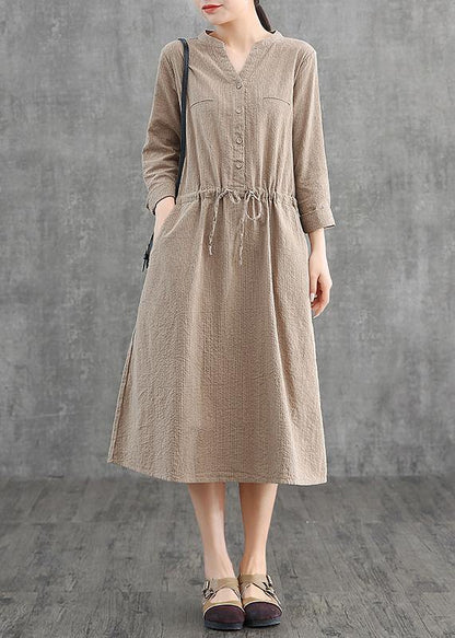 Simple v neck drawstring cotton Soft Surroundings Neckline khaki striped Dress - SooLinen