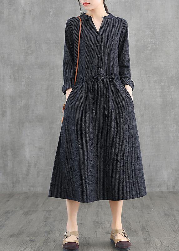 Simple v neck drawstring cotton Soft Surroundings Neckline khaki striped Dress - SooLinen