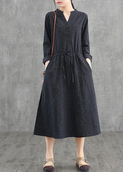 Simple v neck drawstring cotton Soft Surroundings Neckline khaki striped Dress - SooLinen