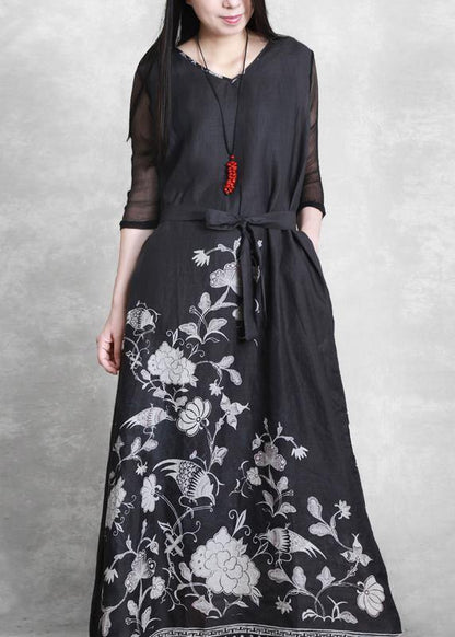 Simple v neck half sleeve summer outfit Catwalk black print Dress - SooLinen