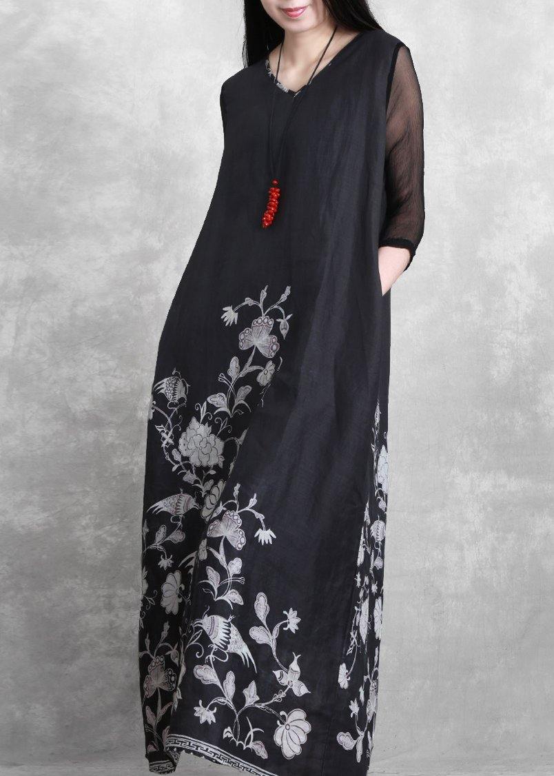 Simple v neck half sleeve summer outfit Catwalk black print Dress - SooLinen