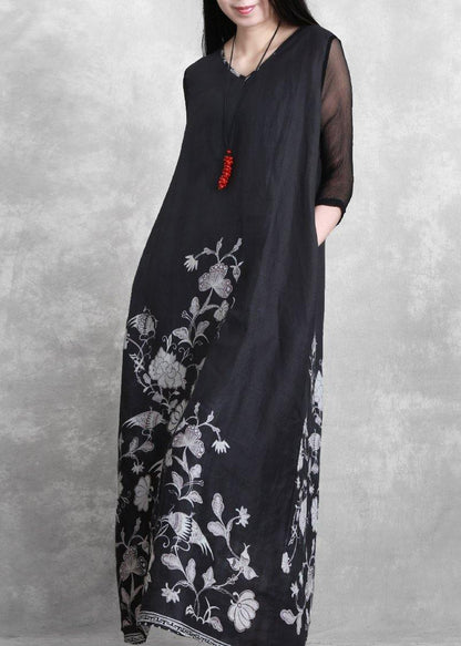 Simple v neck half sleeve summer outfit Catwalk black print Dress - SooLinen