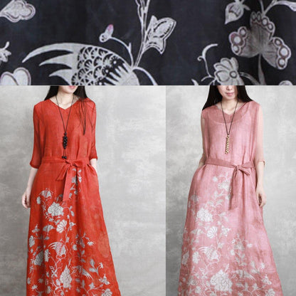 Simple v neck half sleeve summer outfit Catwalk black print Dress - SooLinen