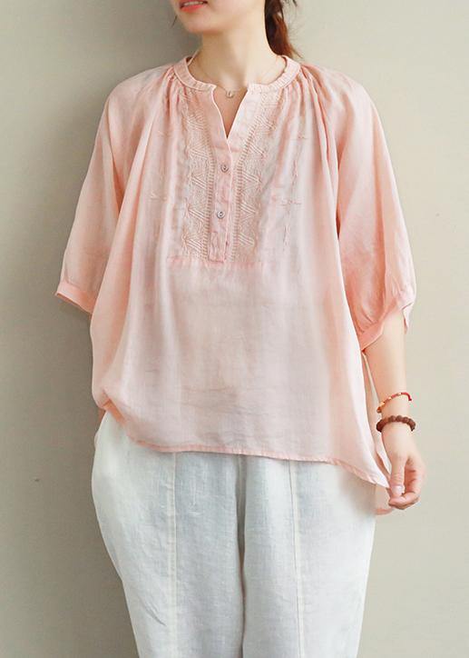 Simple v neck lantern sleeve linen top silhouette Fashion Ideas pink embroidery shirt - SooLinen