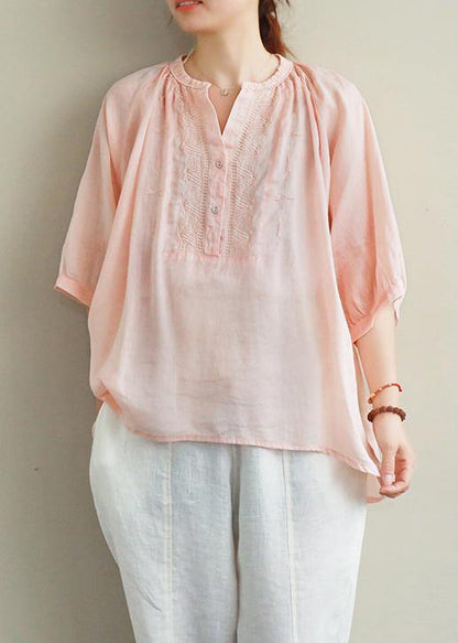 Simple v neck lantern sleeve linen top silhouette Fashion Ideas pink embroidery shirt - SooLinen