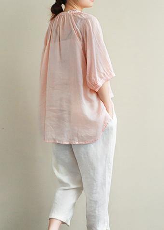 Simple v neck lantern sleeve linen top silhouette Fashion Ideas pink embroidery shirt - SooLinen