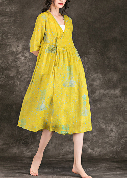Einfache V-Ausschnitt Krawatte Taille Chiffon Kleidung plus Größe Runway gelb Print kurzes Kleid Sommer