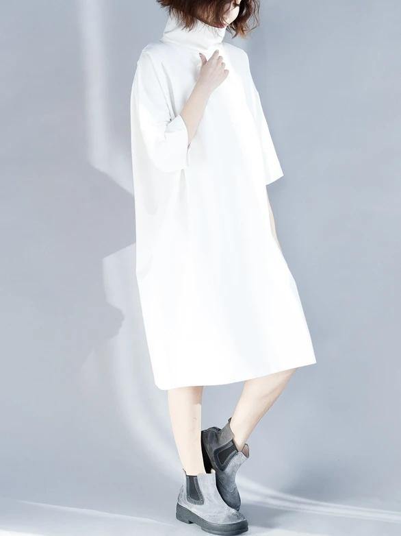 Simple white Cotton tunic dress high neck half sleeve oversized Dress - SooLinen