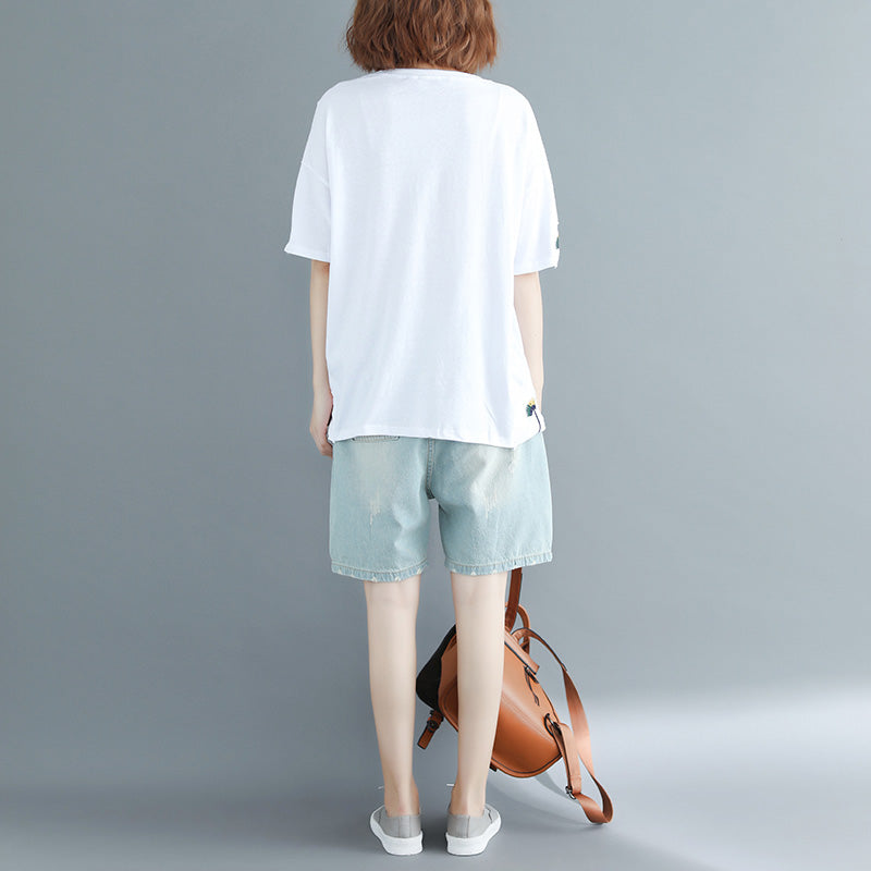 Einfache weiße Stickerei Baumwollkleidung Vintage Inspiration O-Ausschnitt loses Hemd