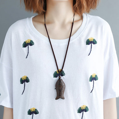 Einfache weiße Stickerei Baumwollkleidung Vintage Inspiration O-Ausschnitt loses Hemd