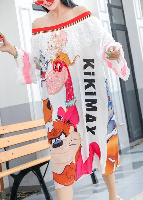 Simple white prints cotton clothes For Women Slash neck Robe summer Dresses - SooLinen