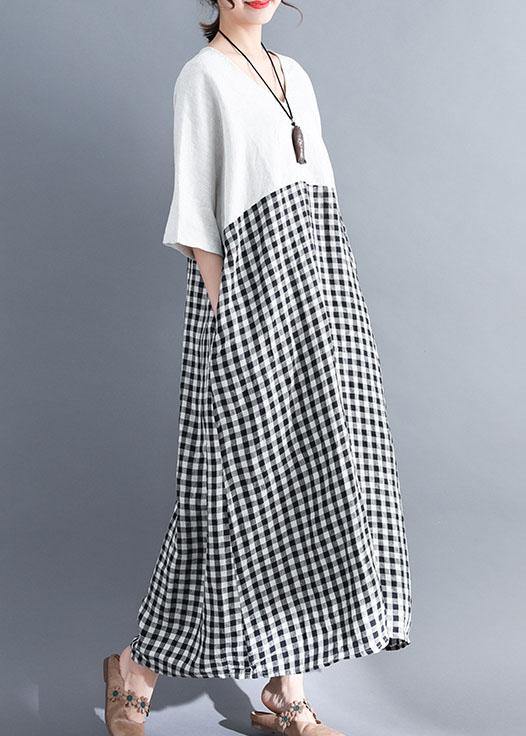 Simple white v neck cotton clothes patchwork cotton summer Dresses - SooLinen