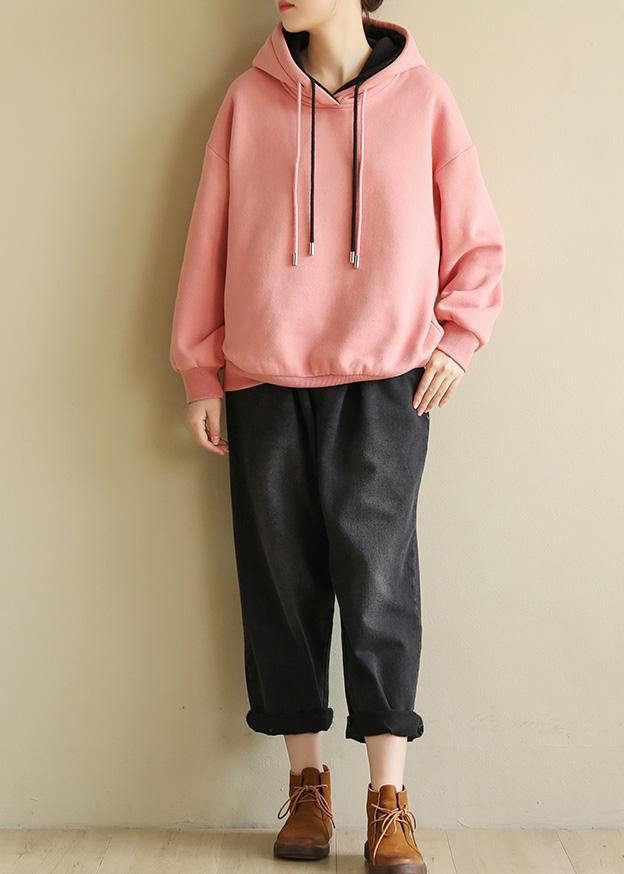 Simple wild cotton Double-layer hooded tunics for women Shirts pink blouse - SooLinen