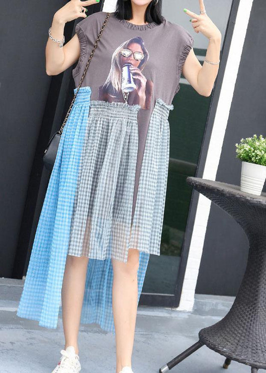 Simple Cinched o neck cotton Long Shirts Work Outfits gray patchwork cotton Dress summer - SooLinen