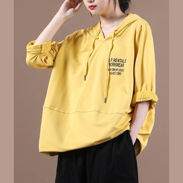 Simple yellow Letter shirts hooded patchwork loose shirt - SooLinen
