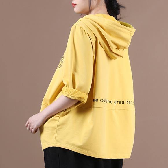 Simple yellow Letter shirts hooded patchwork loose shirt - SooLinen