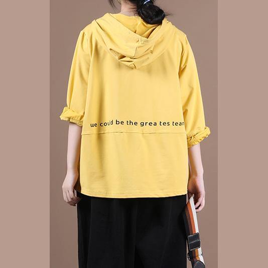 Simple yellow Letter shirts hooded patchwork loose shirt - SooLinen